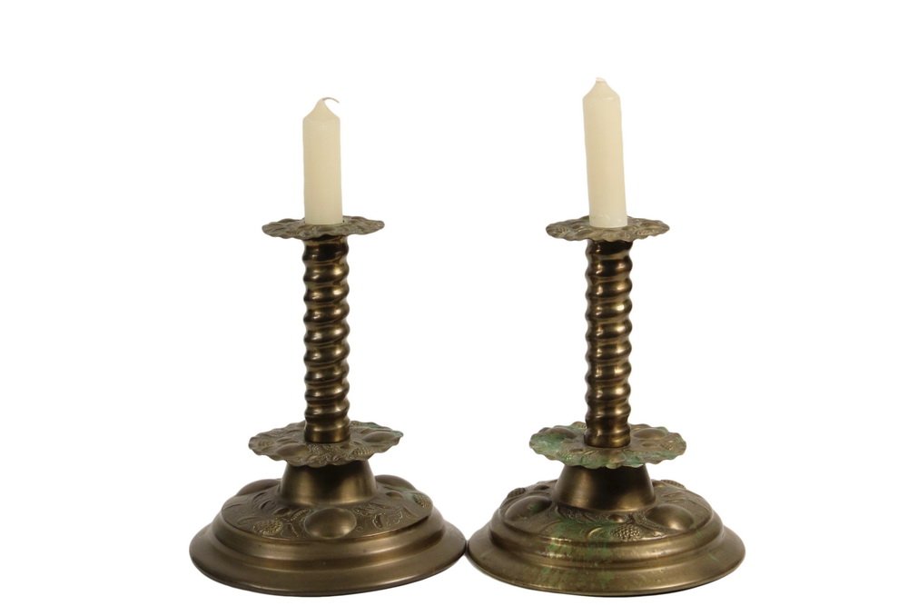 PAIR OF SCANDINAVIAN BRASS CANDLESTICKS - 18th c.: PAIR OF SCANDINAVIAN BRASS CANDLESTICKS - 18th c. Provincial Altar Candlesticks in repoussed and punched brass, with fruit decoration and ruffled rims, twist columns, large round domed bases, 11 1/2" 