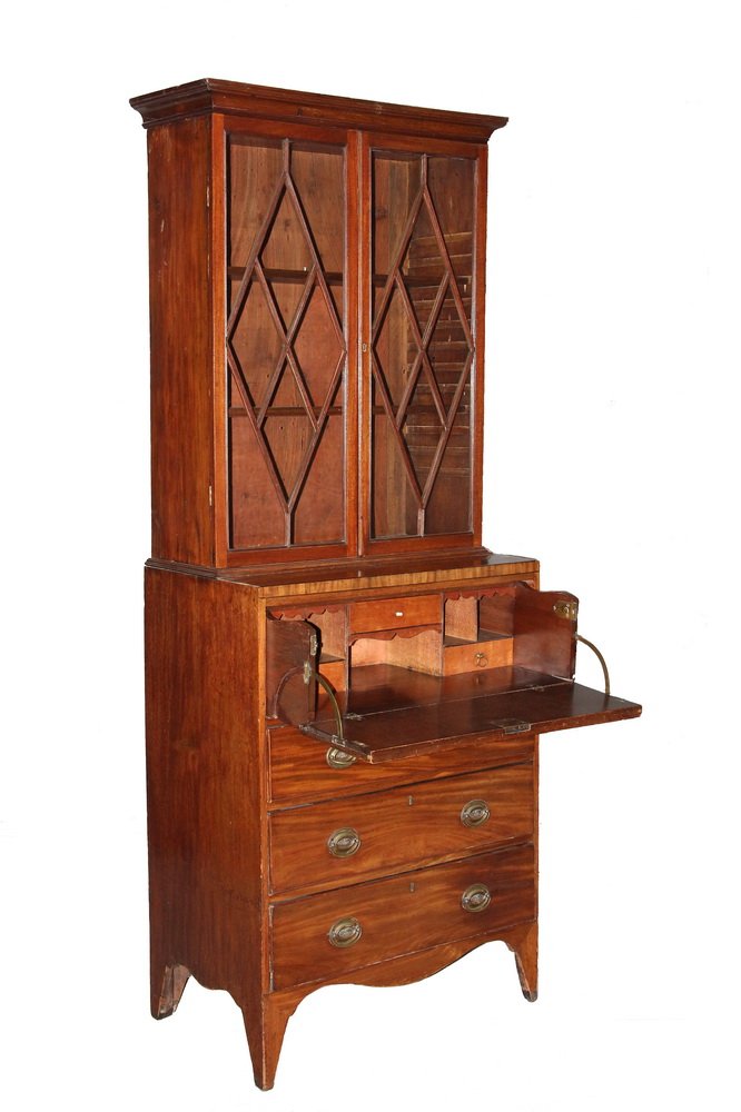 ENGLISH SECRETARY - Period Hepplewhite Three-Part: ENGLISH SECRETARY - Period Hepplewhite Three-Part Secretary, in solid mahogany, having a flat molded crown, two diamond mullioned glass doors, three adjustable shelves, lower case with drop-front butl