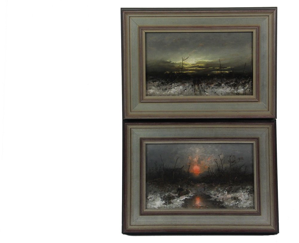 DESIREE THOMASSIN-RENARDT (Austria/Germany/France,: DESIREE THOMASSIN-RENARDT (Austria/Germany/France, 1858-1933) - 'Sunrise' and 'Sunset', a Pair of Winter Landscapes, oil on panel, both signed lower right and dated 1895, old catalog clipping on the b