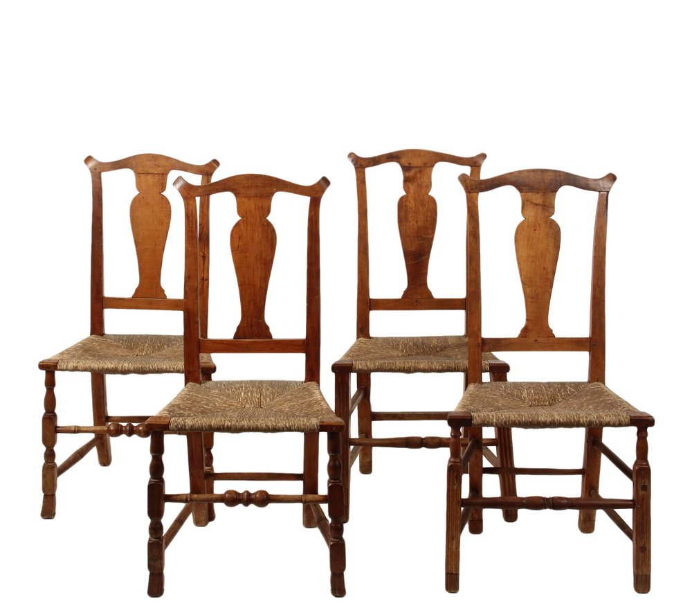 TWO PAIR OF RUSH SEATED CHAIRS - 18th c. Country Side: TWO PAIR OF RUSH SEATED CHAIRS - 18th c. Country Side Chairs in maple or birch, all with ram's horn rail and urn form splat backs, two with Queen Anne bases, two in Chippendale, all have roughly 18" s