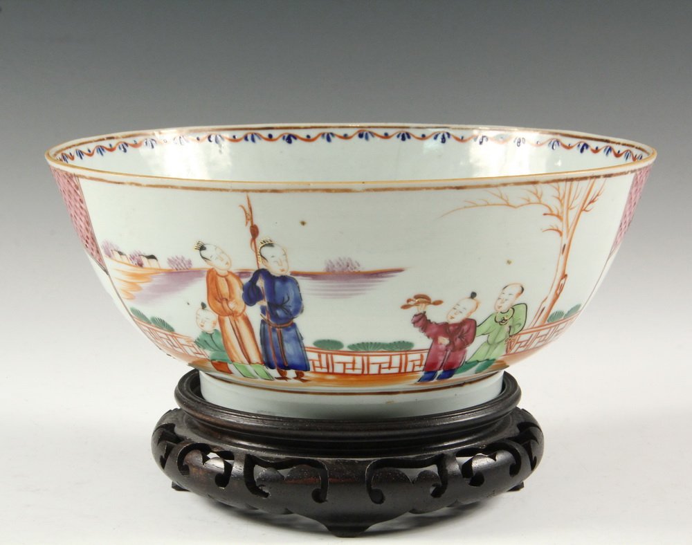 CHINESE EXPORT BOWL - 19th c. Mandarin Bowl with two: CHINESE EXPORT BOWL - 19th c. Mandarin Bowl with two panels of family scenes in landscape, alternating with small floral panels, surrounded by pin couching, the interior rim with orange and blue swags