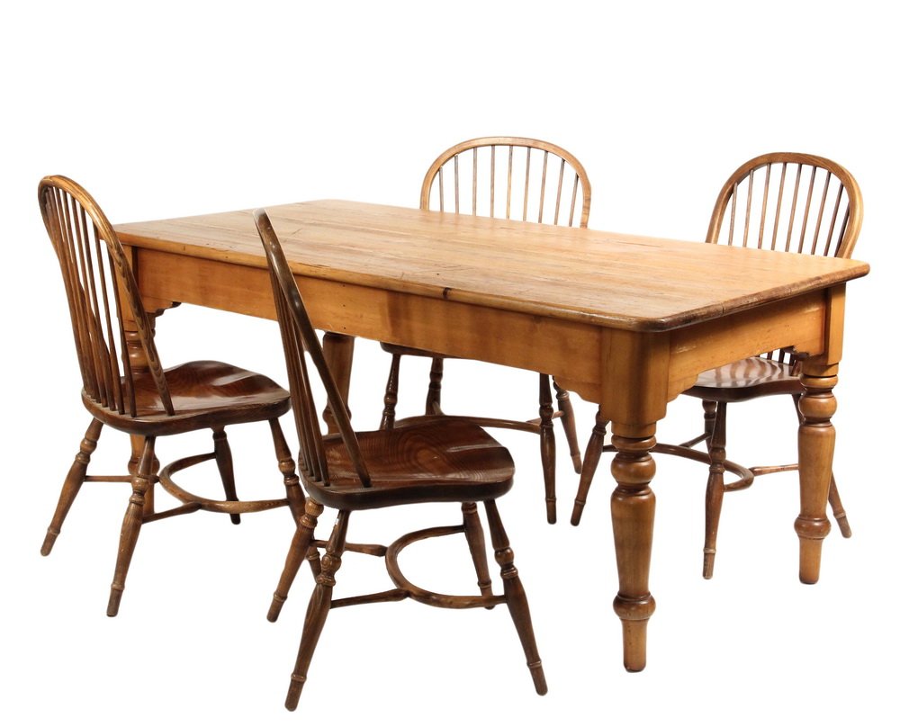 HARVEST TABLE & (4) WINDSOR CHAIRS - Bleached Pine: HARVEST TABLE & (4) WINDSOR CHAIRS - Bleached Pine Harvest Table with plank top, frame and turned legs, along with four matching custom made replica English Windsor style chairs. The table is 30 1/2" 