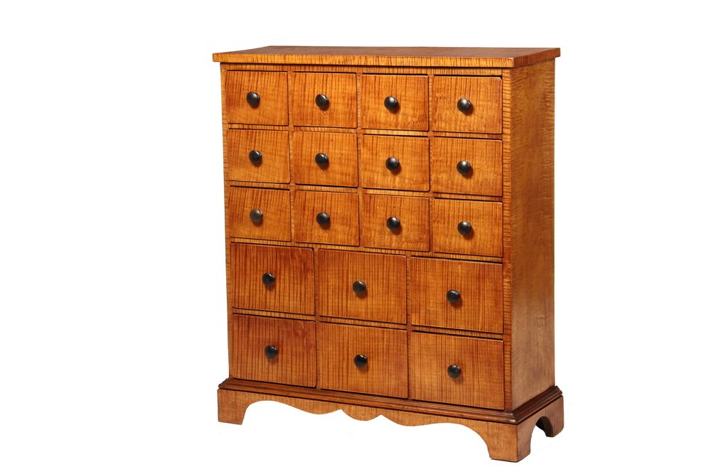 APOTHECARY CABINET - American 19th c. Tiger Maple: APOTHECARY CABINET - American 19th c. Tiger Maple Veneer 18-Drawer Apothecary Cabinet, in simple country form, having overhanging plank top, three rows of four drawers over two ranks of three, flush w