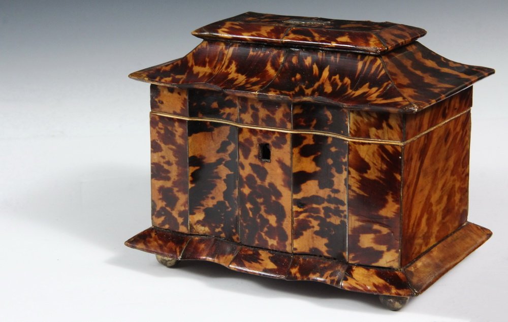 TEA CADDY - Georgian English Tortoiseshell Tea Caddy,: TEA CADDY - Georgian English Tortoiseshell Tea Caddy, with shaped front, having a coffin top, flanged molding to lid and base, shaped silver blank cartouche, two compartment interior with lids, molded