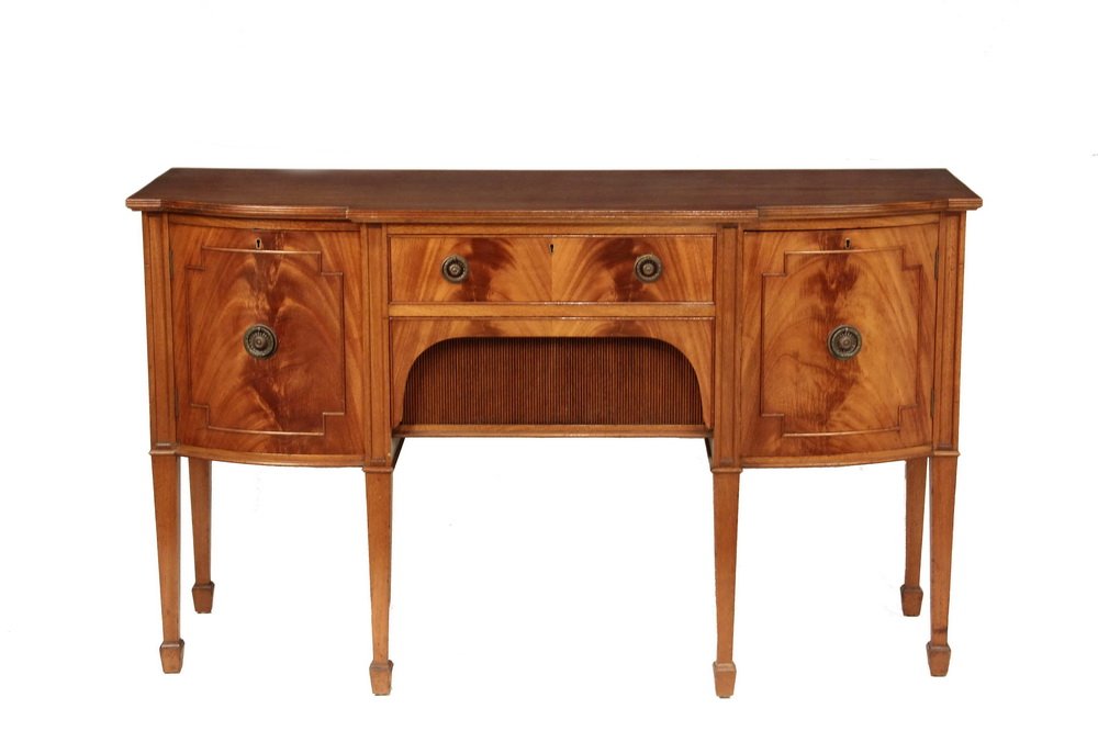 CUSTOM SIDEBOARD - Mahogany Hepplewhite Style Bowfront: CUSTOM SIDEBOARD - Mahogany Hepplewhite Style Bowfront Sideboard, two drawer center section flanked by two curved doors in figured mahogany veneer with finger ring pulls, set on square tapered legs te