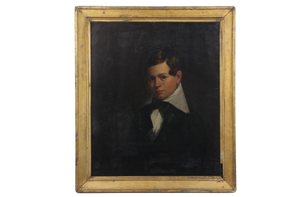 19TH C BOSTON SCHOOL - Portrait of a Young Man with: 19TH C BOSTON SCHOOL - Portrait of a Young Man with Brown Hair, oil on canvas, laid to masonite, in the original gilt mitered frame, OS: 30 1/2" x 26 1/4", SS: 25 1/2" x 21 1/4". Repaired tear at top 
