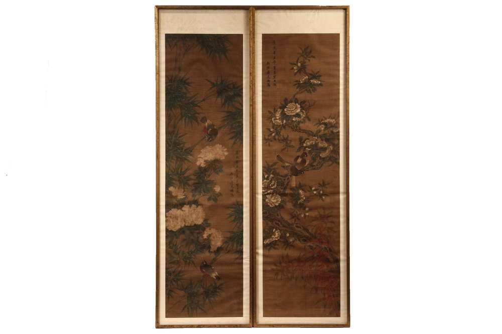 PAIR OF CHINESE SCROLLS - Qing Dynasty, Emperor Kangxhi: PAIR OF CHINESE SCROLLS - Qing Dynasty, Emperor Kangxhi Imperial Scrolls on Silk of Birds on Flowering Branches by Chiang T'ing-hsi/Jiang Tingxi (1668-1732), Official Painter and Secretary to the Impe