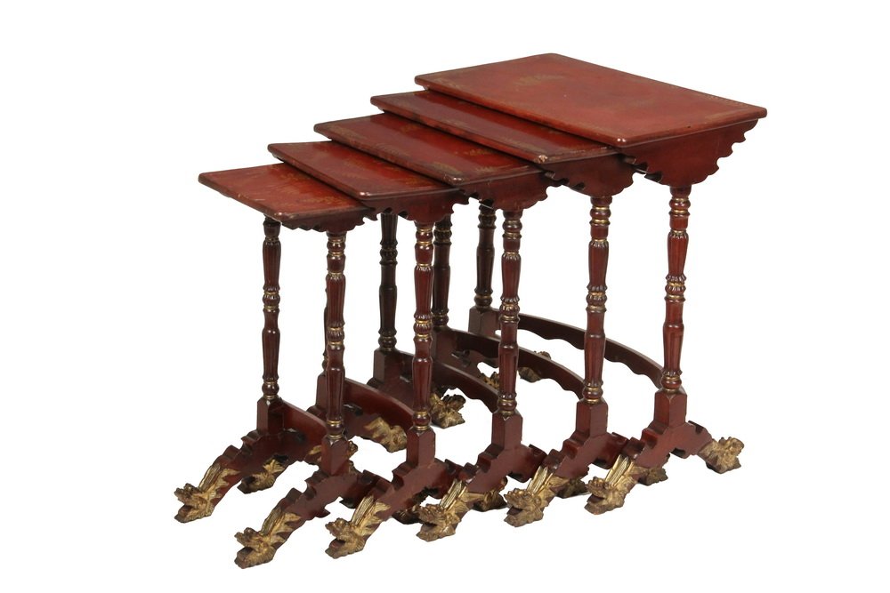 19TH C CHINESE NESTING TABLES - Set of Five Graduated: 19TH C CHINESE NESTING TABLES - Set of Five Graduated Tables in Red Lacquer, the shaped lids having gilt fern frond decoration, an "H" monogram at the center of the smallest only; set on ornate trestl