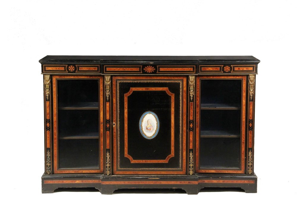 FRENCH CREDENZA - Directoire Style Black Lacquered: FRENCH CREDENZA - Directoire Style Black Lacquered Cabinet circa 1880, with porcelain inset portrait of Marie Antoinette on the center stepped cabinet, bronze ormolu mounts, burl walnut panels with st