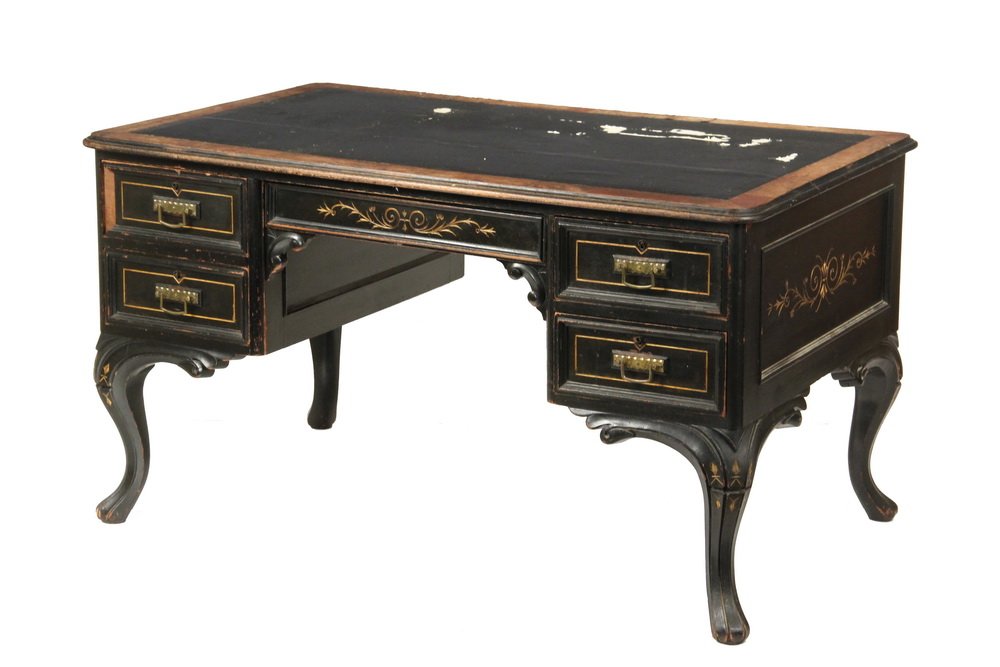 AMERICAN FAUX PARTNER'S DESK - Aesthetic Period Black: AMERICAN FAUX PARTNER'S DESK - Aesthetic Period Black Lacquered Cherry French Style Partner's Desk with practical drawers on one side only, having a molded top with black leather wiriting surface, bur