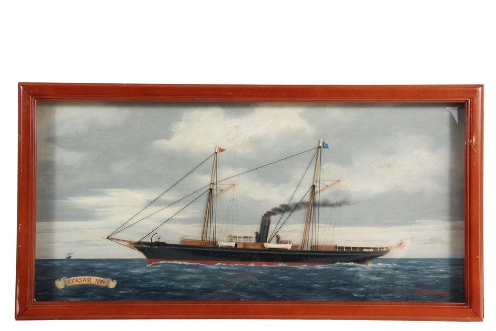 JOAQUIM J. MARISTANY (ME, 1935 - ) - "Corsair, 1880",: JOAQUIM J. MARISTANY (ME, 1935 - ) - "Corsair, 1880", diorama with oil painting of the yacht of J.P. Morgan, (actually commissioned in 1890), signed lower right, in mahogany shadowbox frame, under gla