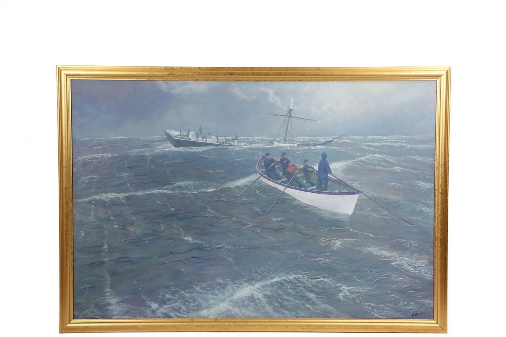 FRANK HANDLEN (Contemporary Maine) - "The Good: FRANK HANDLEN (Contemporary Maine) - "The Good Samaritans", oil on board, signed lower right, titled verso, depicting a lifeboat crew approaching a dis-masted and foundering sailing ship, in molded go