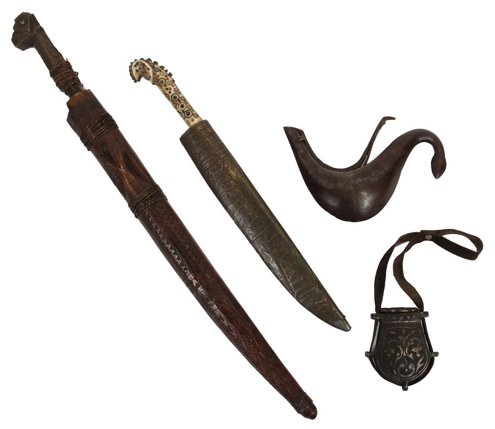 (4) CENTRAL ASIAN DAGGERS & ACCESSORIES - All 19th c.,: (4) CENTRAL ASIAN DAGGERS & ACCESSORIES - All 19th c., including: Turkish Dagger with engraved and brass inlaid 11 1/4" blade, engraved brass bird-head grip, chip carved wooden sheath, with copper wir
