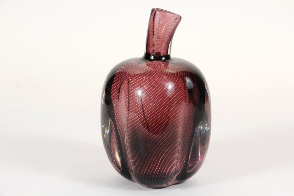 ART GLASS VASE - Orrefors Slip Graal Pear Vessel in: ART GLASS VASE - Orrefors Slip Graal Pear Vessel in deep amethyst, signed Edvard Hald, #543-L. 3 1/2" square, 7" high.