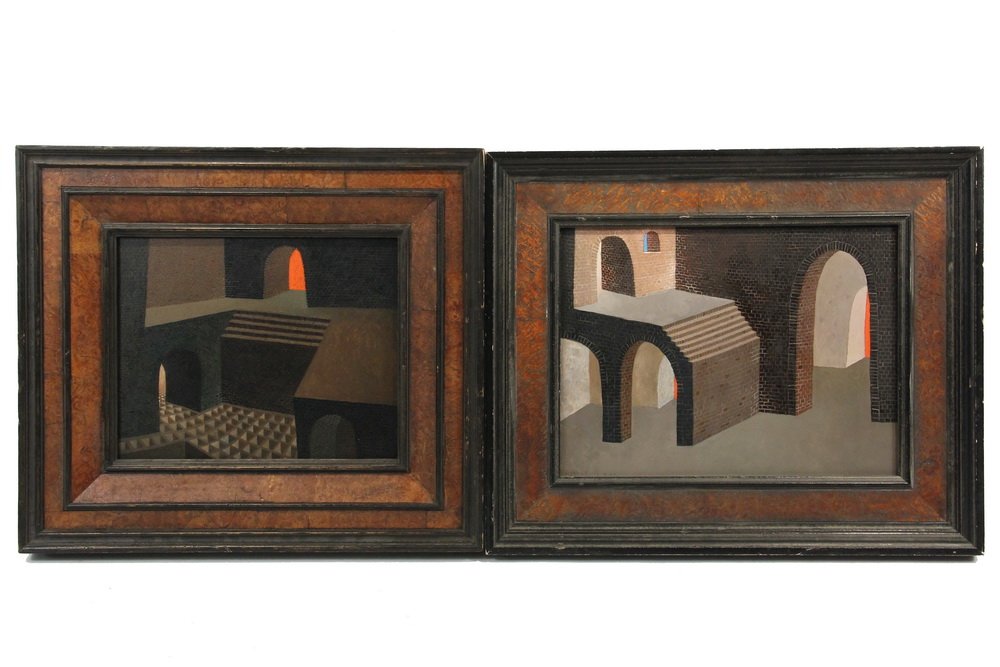 JOSEPH BATTAGLIA (NY, 1925-2006) - (2) Oil on Board:: JOSEPH BATTAGLIA (NY, 1925-2006) - (2) Oil on Board: "Sunset" and untitled, Surreal architecture, both signed lower left, both dated verso, the first 1-00, the second 2-27-01. In matching Italian fati