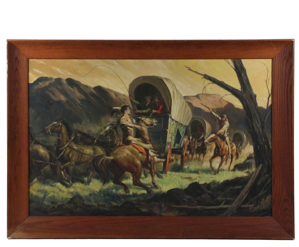 REYNOLD BROWN (CA/NY, 1917-1991) - Wagon Train Evading: REYNOLD BROWN (CA/NY, 1917-1991) - Wagon Train Evading an Indian Scout, oil on canvas, signed lower right, in oak cove frame, OS: 31 1/2" x 45 1/2", SS: 25 1/2" x 39 1/2", good condition. In a lengthy