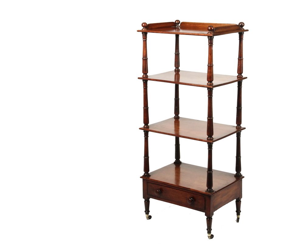 FOUR SHELF ETAGERE - Mahogany, having cannonball finial: FOUR SHELF ETAGERE - Mahogany, having cannonball finial and low gallery on uppermost shelf, tapered turned columns, single drawer below lowest shelf with mushroom knob, short legs and brass ferrule ca
