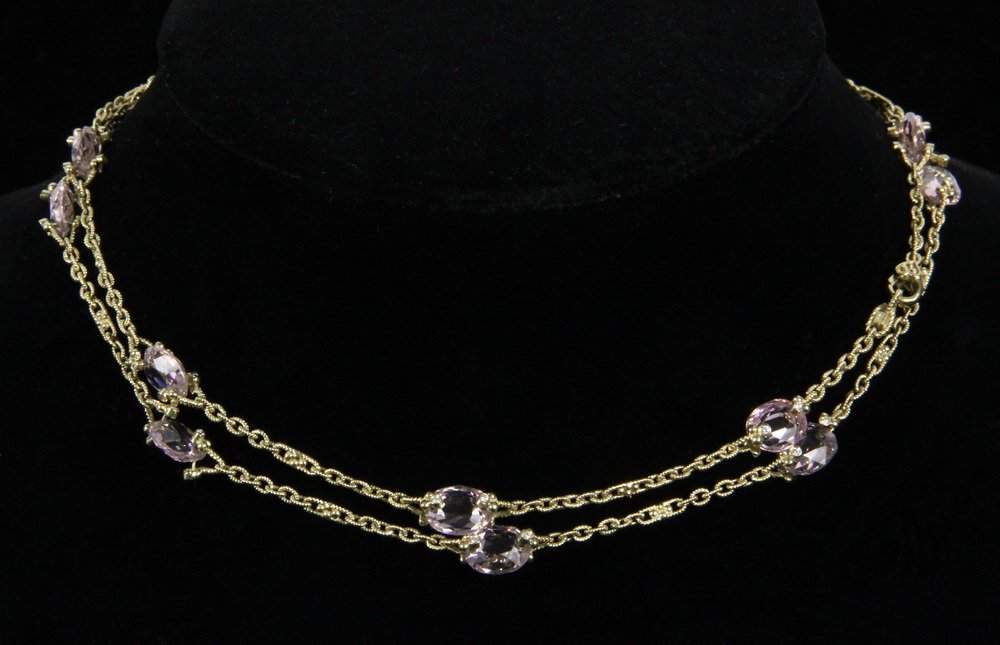 NECKLACE - 18K Yellow Gold Designer Chain by Judith: NECKLACE - 18K Yellow Gold Designer Chain by Judith Ripka. Set with (16) oval faceted pink topaz stones; 33" long. Fine condition. Estimated replacement value: $3,000.