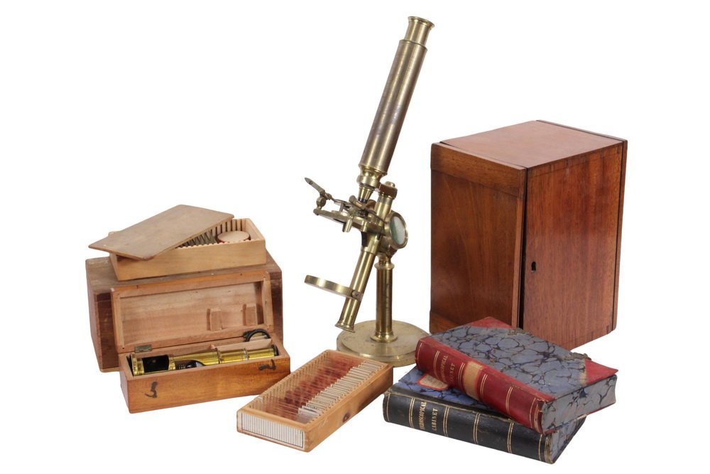 EARLY ENGLISH MICROSCOPE & SLIDES - Cased Brass: EARLY ENGLISH MICROSCOPE & SLIDES - Cased Brass Compound Monocular Microscope, by John Charles Dennis of London, with the address of 122 Bishops Gate engraved on the round column base, which indicates