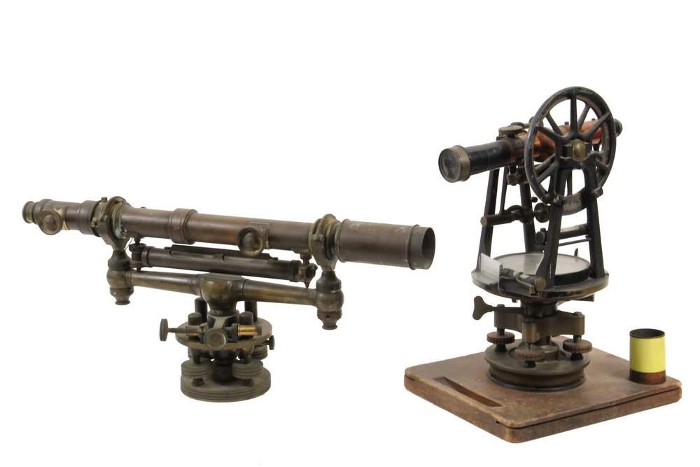 (2) SURVEYOR'S INSTRUMENTS - Both 19th c., including:: (2) SURVEYOR'S INSTRUMENTS - Both 19th c., including: W. & L.E. Gurley of Troy, NY. Engineer's or Wye Level in solid brass, circa 1885, 20" x 9" x 4"; PLUS C.L. Berger & Sons of Boston Engineer's Tran