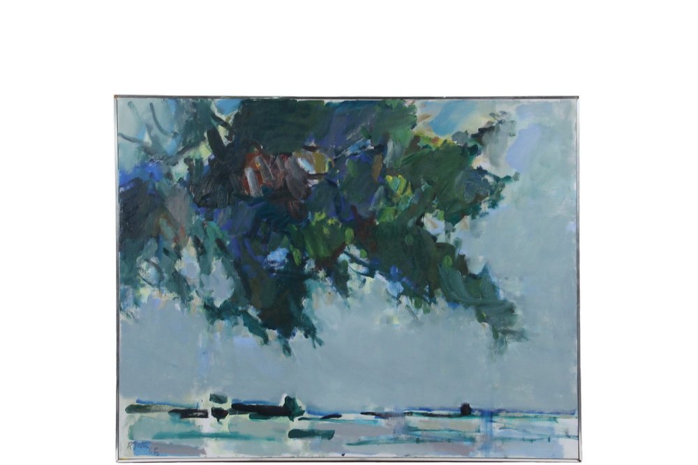 ROBERT FRANKLIN GATES (DC/VA, 1906-1982) - Abstract: ROBERT FRANKLIN GATES (DC/VA, 1906-1982) - Abstract Landscape with Tree, oil on canvas, signed lower left and dated 1965. In chrome edged wooden slat frame, OS: 36 3/4" x 46 3/4", SS: 36" x 46". Fine
