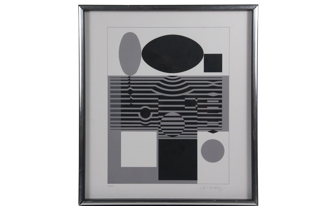 VICTOR VASARELY (France/Hungary, 1906-1997) - "Ohndo",: VICTOR VASARELY (France/Hungary, 1906-1997) - "Ohndo", 1961, serigraph on paper, pencil signed and numbered 47/250, in black and silver deep box slat frame, OS: 23" x 20 1/2", SS: 21 3/4" x 20 1/4". G