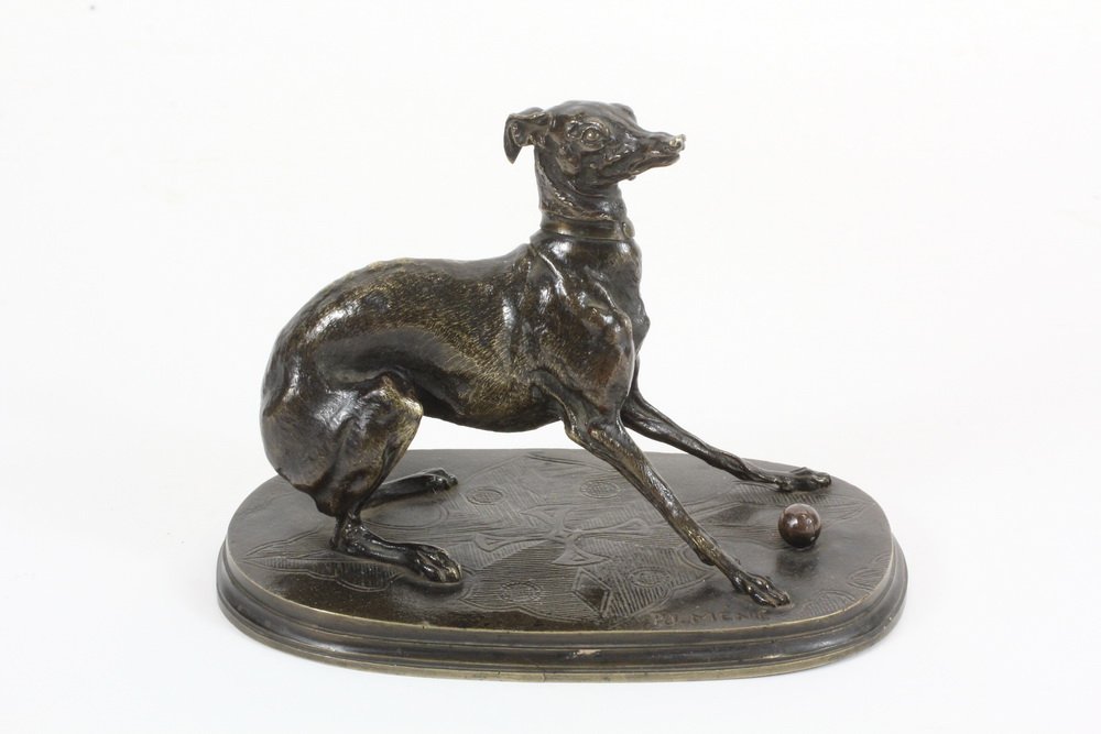 PIERRE JULES MENE (France, 1810-1879) - Greyhound Dog: PIERRE JULES MENE (France, 1810-1879) - Greyhound Dog with Ball, cast bronze, signed on the integral base, 4 1/4" x 6" x 3 1/2", blackened patina.