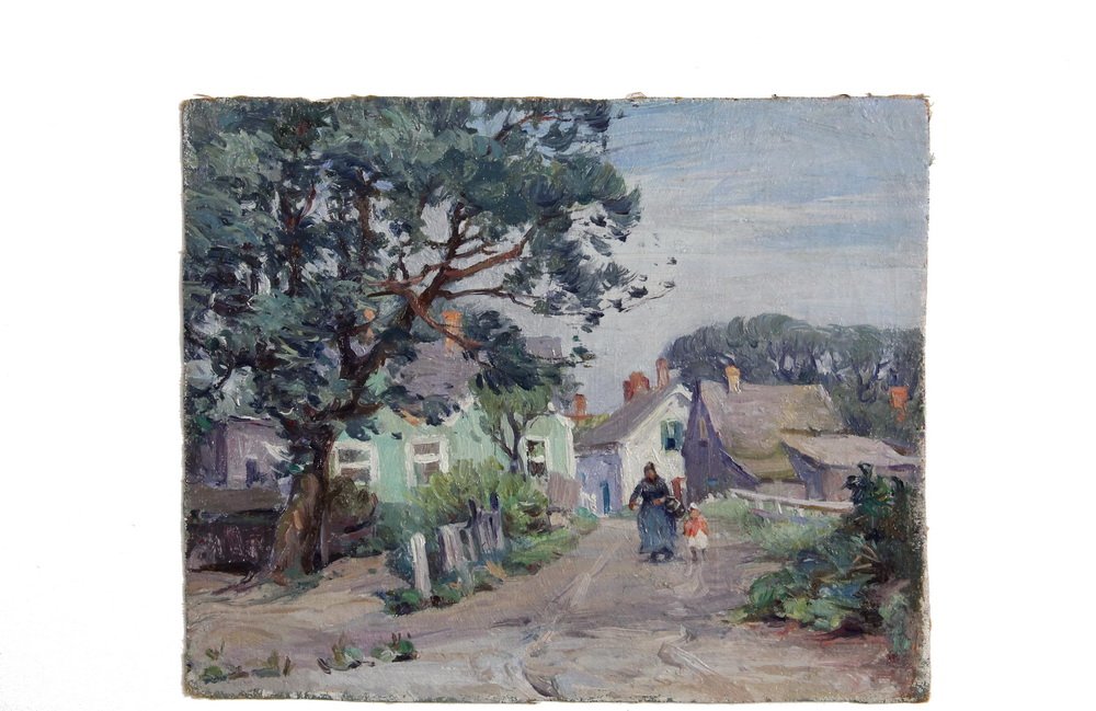 MABEL MAY WOODWARD (RI/ME, 1877-1945) - Mother and: MABEL MAY WOODWARD (RI/ME, 1877-1945) - Mother and Child on Village Street, circa 1890, oil on canvas, unsigned, in replica Arts & Crafts frame. OS: 11 1/2" x 13 1/4", SS: 7 1/2" x 9 1/4". Cleaned and