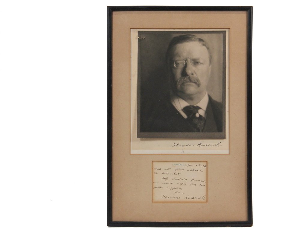 THEODORE ROOSEVELT AUTOGRAPHS - Roosevelt (1858-1919),: THEODORE ROOSEVELT AUTOGRAPHS - Roosevelt (1858-1919), US President 1901-1909, including: Silver Bromide Photograph Bust Portrait, ink signed on mount, 8 1/2" x 7" image; PLUS Card from Sagamore Hill,