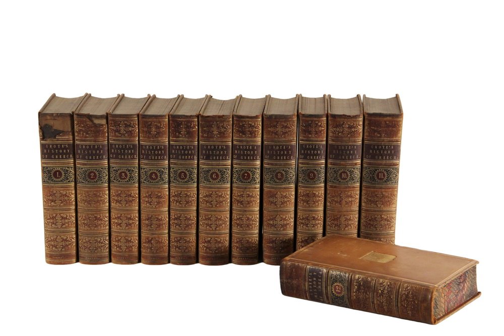 (12 VOL SET) ANCIENT HISTORY - "History of Greece" by: (12 VOL SET) ANCIENT HISTORY - "History of Greece" by George Grote. Published by John Murray, London, Ablemarle Street, 1854 to 1856. Complete in 12 volumes. 8 3/4 x 5 3/4 inches. 1'-9" linear. Bound