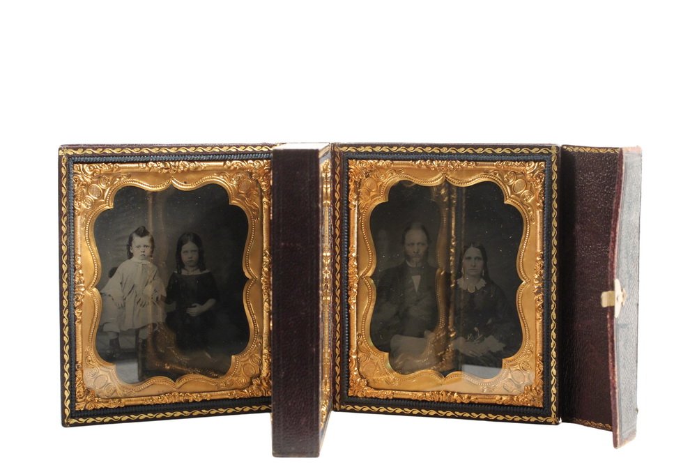RARE CASED AMBROTYPE FAMILY SET - Four Sixth-Plate: RARE CASED AMBROTYPE FAMILY SET - Four Sixth-Plate Double Portraits in one fine quality leather case, circa 1855, very sharp images in ruby ambrotype of two young girls, two young boys, two adult coup