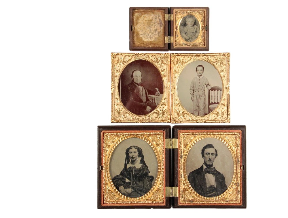 (3) 19TH C CASED PHOTOGRAPHS - All circa Civil War Era,: (3) 19TH C CASED PHOTOGRAPHS - All circa Civil War Era, in gutta percha Union Cases, including: A Pair of Ruby Ambrotypes of an Old Man and a Young Boy, identified on lining as "William F. Tullock, co