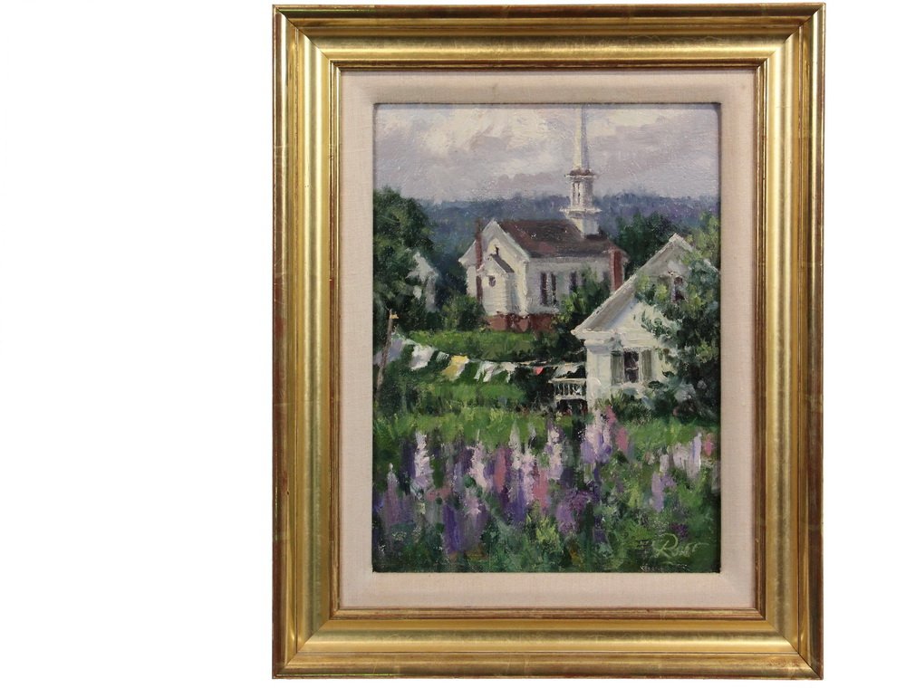 PETER ROLFE (ME, 1942 - ) - "Damariscotta Mills", oil: PETER ROLFE (ME, 1942 - ) - "Damariscotta Mills", oil on canvas, laid to board, signed lower right "Rolfe", in gilt molded frame with linen liner, OS: 16" x 13", SS: 11 1/2" x 8 1/2". Fine condition.