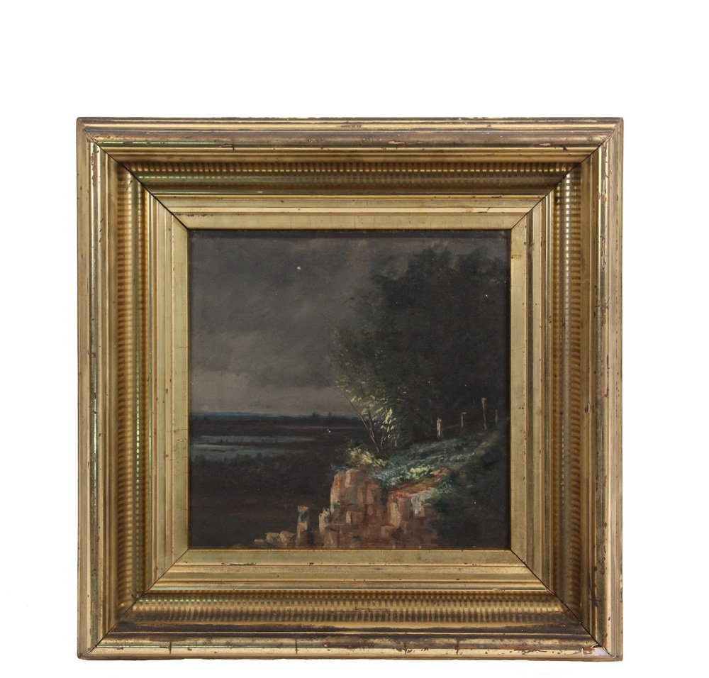 OIL ON CANVAS, 19TH C. - View of Wetlands from Mountain: OIL ON CANVAS, 19TH C. - View of Wetlands from Mountain Cemetery, unsigned, circa 1840s, in the original etched lemon gold frame, OS: 12" square, SS: 7" square. Good condition. Note on back reads "I h