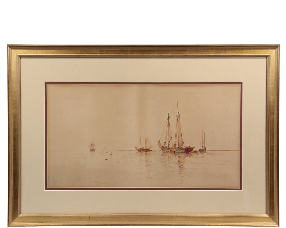 CARLETON THEODORE CHAPMAN (NY/CA/OH, 1860-1925) -: CARLETON THEODORE CHAPMAN (NY/CA/OH, 1860-1925) - "Becalmed", watercolor on paper, faintly pencil signed lower right, in gold molded frame, matted and glazed, OS: 19" x 28 1/4", SS: 11" x 20 1/4". Edg