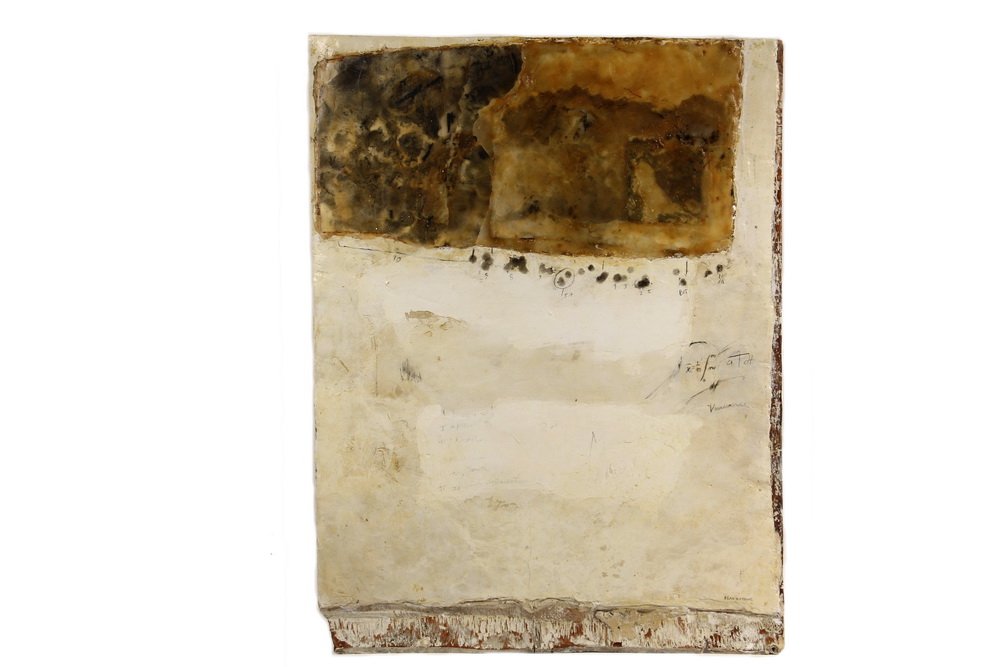JEN BLACKSTONE (Contemporary Pownal, ME) - "Density of: JEN BLACKSTONE (Contemporary Pownal, ME) - "Density of an Orange Wall", May 1999, oil, wax and plaster on wood, signed lower right, signed, titled and dated verso, unframed. OS: 24 3/4" x 19". Fine co