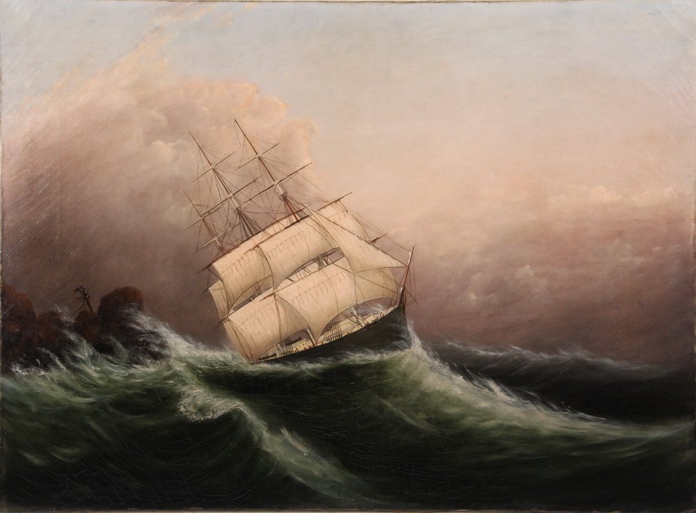 IN THE MANNER OF CLEMENT DREW (MA, 1806-1889): IN THE MANNER OF CLEMENT DREW (MA, 1806-1889) - Sailing Ship Being Driven onto Rocks by a Gale, oil on canvas, unsigned, circa 1875, unframed, SS: 22" x 30". Cleaned, light craquelure, tiny repaired h