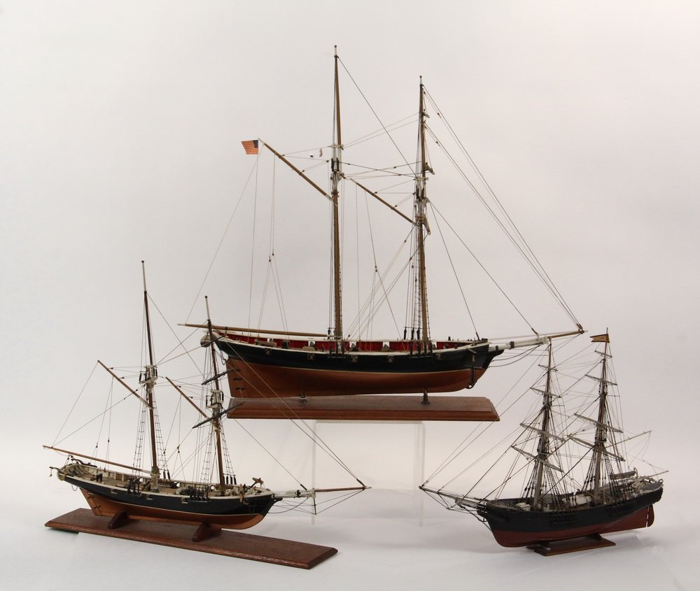 (3) BOAT MODELS - All full hull, fully rigged without: (3) BOAT MODELS - All full hull, fully rigged without sails, no cases, Baltimore Clipper "Lark", modeled after a privateer of 1812 involved in the slave trade, 20" x 23" x 8"; PLUS Unmarked Brigantine