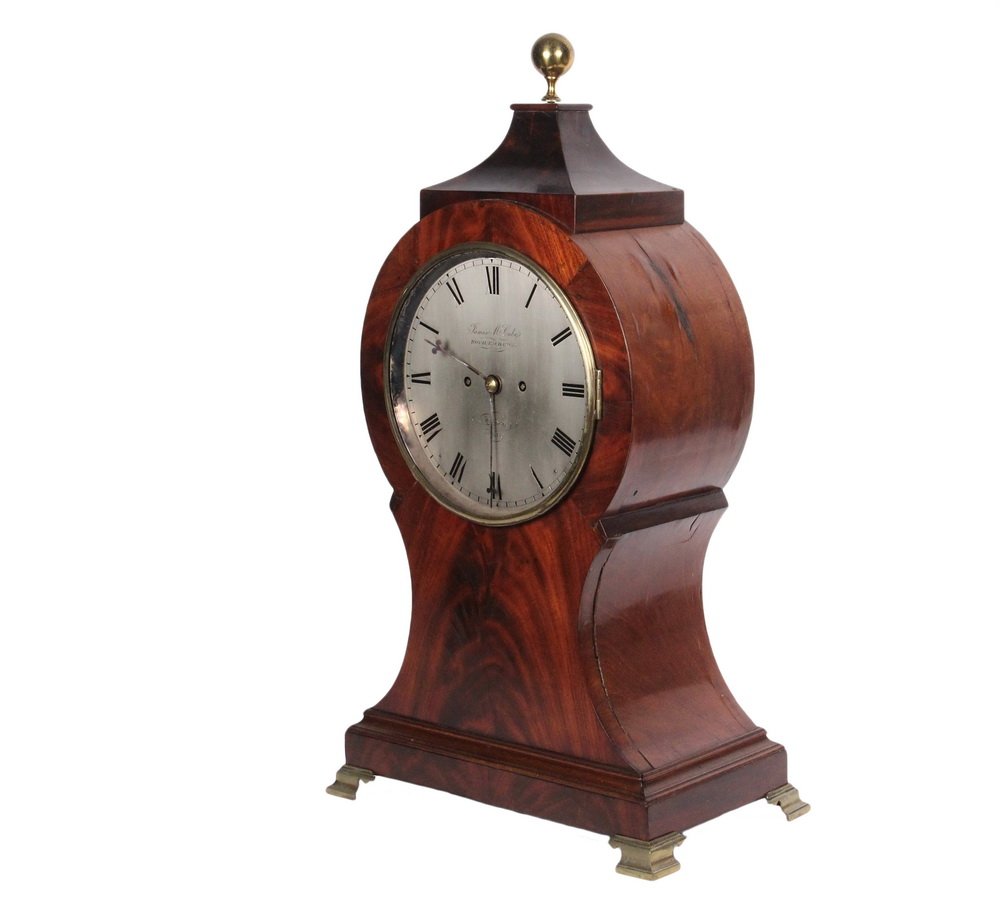 RARE ENGLISH BRACKET CLOCK - George III Period, by: RARE ENGLISH BRACKET CLOCK - George III Period, by James McCabe of Royal Exchange, London, circa 1800, figured mahogany case with gabled top having a spherical brass finial, set on molded base with br