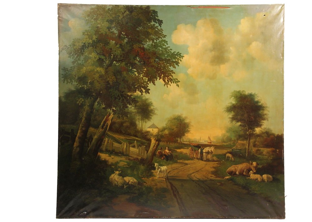 MONUMENTAL MURAL - Architectural Scale 19th c. Pastoral: MONUMENTAL MURAL - Architectural Scale 19th c. Pastoral Scene, oil on canvas, unsigned, in the manner of the French Romantic school of the 18th c., this depicting a riverside road with cottage, distan