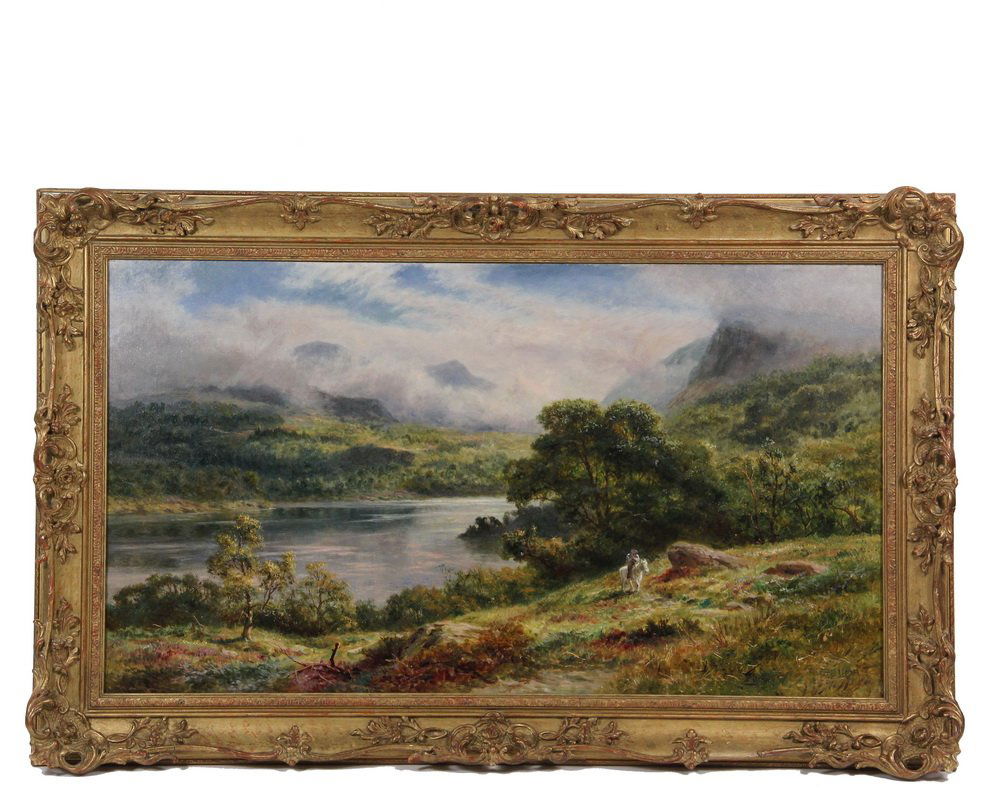 ROBERT GALLON (UK, 1845-1925) - "Country Ride", oil on: ROBERT GALLON (UK, 1845-1925) - "Country Ride", oil on canvas, signed "R. Gallon" lower right, titled on Renjeau Gallery of Natick, Mass. label verso, depicting a Scottish man in a tam riding a white