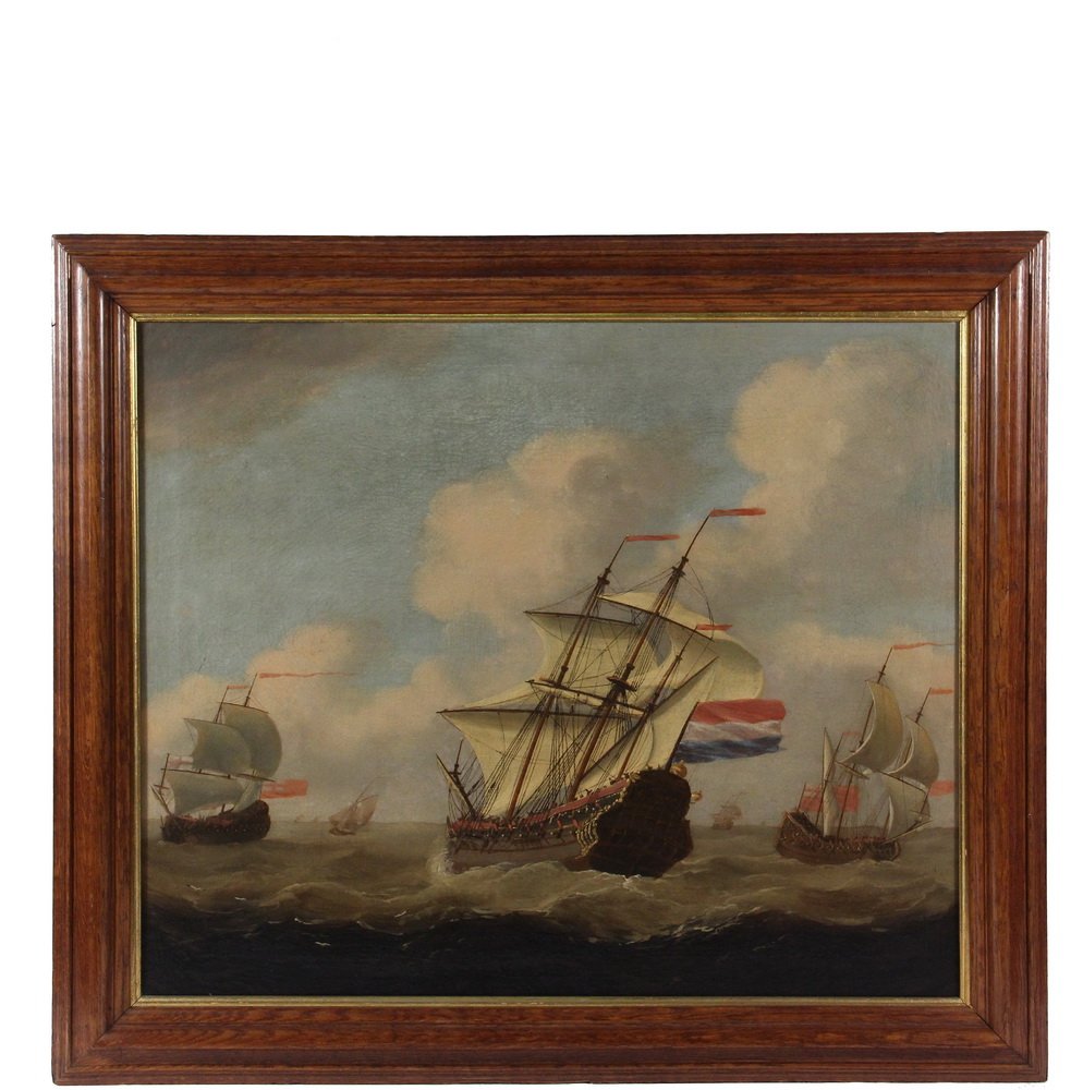 DUTCH MARINE PAINTING - Early 18th c. Sea Battle with: DUTCH MARINE PAINTING - Early 18th c. Sea Battle with the British, the Dutch warship at center attempting to "cross the T" against the wind, flanked by Royal Navy ships, oil on canvas, unsigned, in an