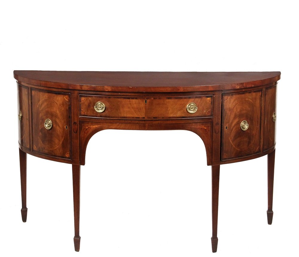 DEMILUNE SIDEBOARD - Period Hepplewhite Inlaid Mahogany: DEMILUNE SIDEBOARD - Period Baltimore Hepplewhite Inlaid Mahogany Server with overhanging top, circa 1780-1790, single shallow drawer flanked by cabinet doors with faux doors at ends, inlaid and bande