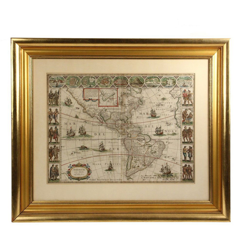 RARE EARLY MAP OF AMERICAS WITH LATER NOTATION -: RARE EARLY MAP OF AMERICAS WITH LATER NOTATION - "Americae, nova Tabula" by Willem Janszoon Blaeu, Amsterdam, circa 1650, hand colored engraving on two joined sheets, printed prior to the 1700 edition