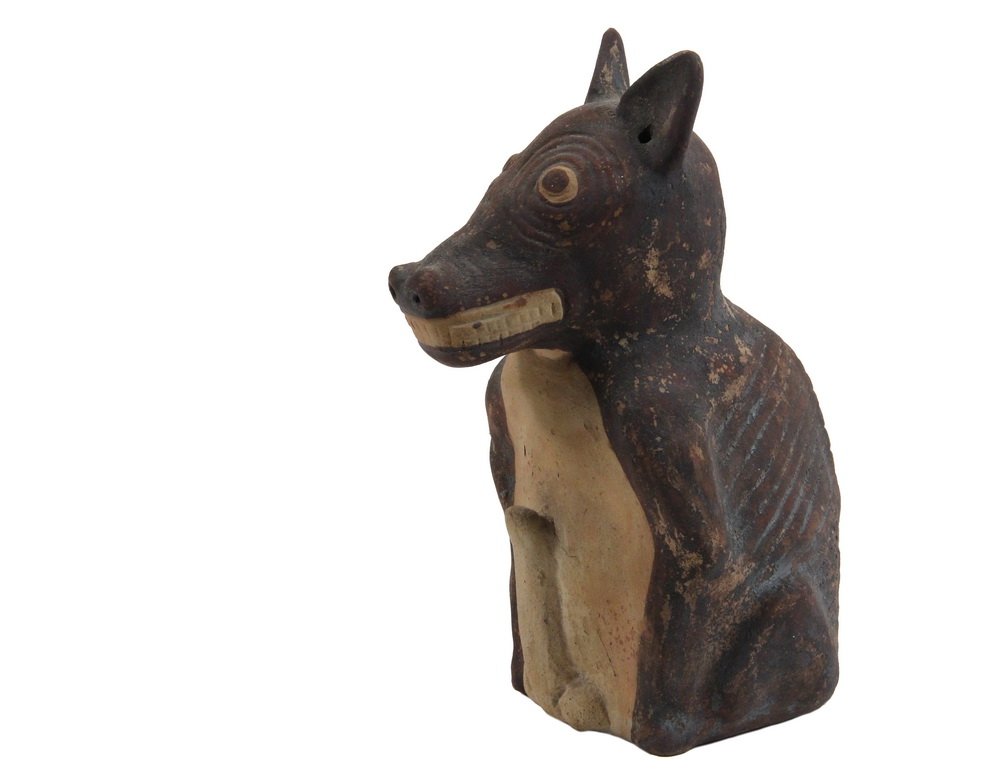 PRE-COLUMBIAN POTTERY FIGURE - Chancay Culture, Seated: PRE-COLUMBIAN POTTERY FIGURE - Chancay Culture, Seated Dog Fertility Votive, Incan Viringo Breed, slip decorated, Central Coast of Peru, circa 800-1200 AD. 8 1/2" tall. Good condition.