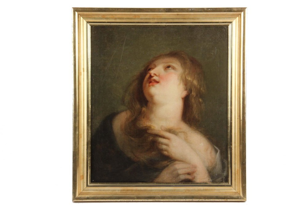 ITALIAN SCHOOL - From "The Penitent Magdalene", after: ITALIAN SCHOOL - From "The Penitent Magdalene", after Guido Reni (1574/5 - 1642), an 18th c. copy, oil on canvas, cleaned and relined, in period lemon gold frame. OS: 21 1/2" x 19 1/2", SS:17 1/2" x 1