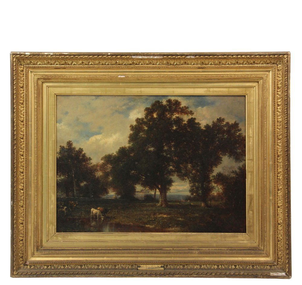 DAVID JOHNSON (NY, 1827-1908) - "A Brookside", oil on: DAVID JOHNSON (NY, 1827-1908) - "A Brookside", oil on prepared panel with London Windsor & Newton label, initialed lower right and dated 1880, signed and titled verso in the artist's hand, housed in t