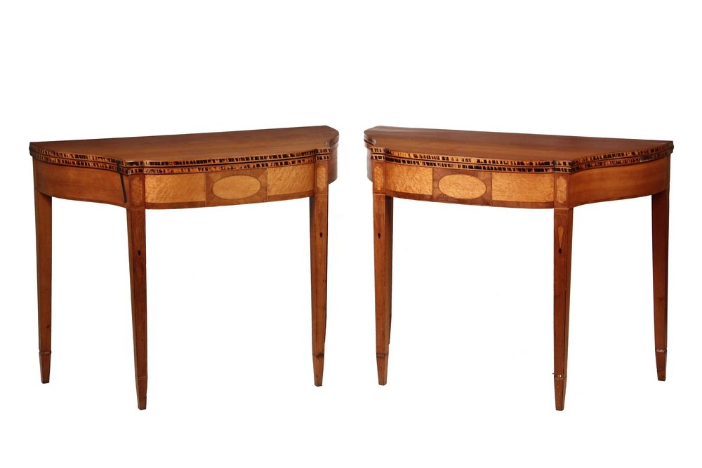 PAIR OF NEW HAMPSHIRE CARD TABLES - Hepplewhite Stepped: PAIR OF NEW HAMPSHIRE CARD TABLES - Hepplewhite Stepped Serpentine Gaming Tables in cherry and bird's-eye maple, circa 1790-1800, having cross-banded lids, rectangular maple panels flanking an oval pa