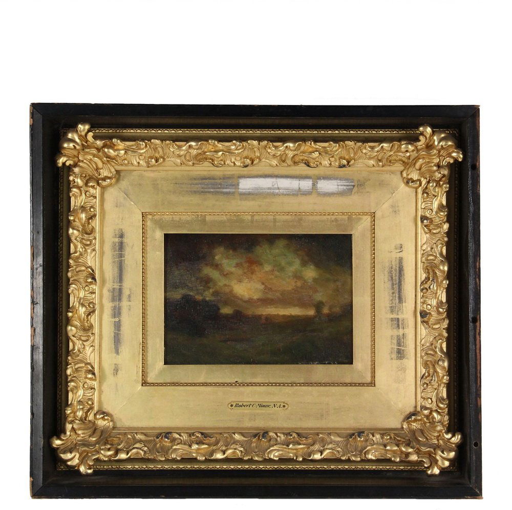 ROBERT CRANNELL MINOR (CT, 1834-1904) - Barbizon: ROBERT CRANNELL MINOR (CT, 1834-1904) - Barbizon Landscape at Sunrise, oil on panel, signed lower right, in an ornate gilt frame in a black shadow box, his name on tag, OS: 15 1/2" x 17 1/2", SS: 5 1/