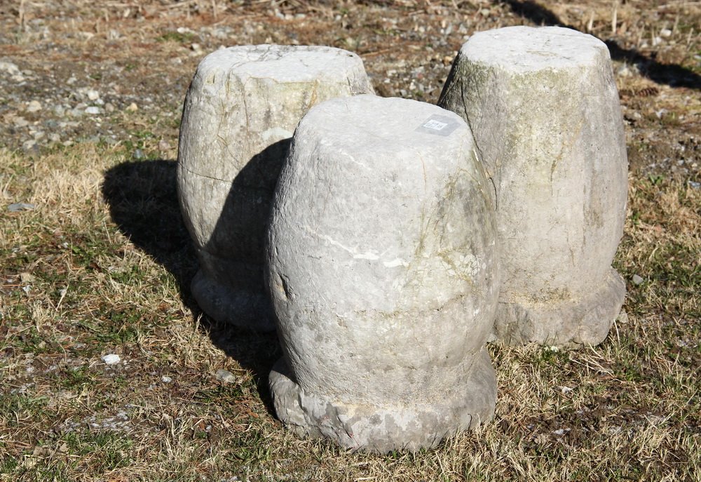 (3) ASIAN STONE GARDEN SEATS - Chinese Barrel Form: (3) ASIAN STONE GARDEN SEATS - Chinese Barrel Form Carved Veined Grey Stone Seats, with ancient carvings, 19" x 12" diam, some losses, weathered.